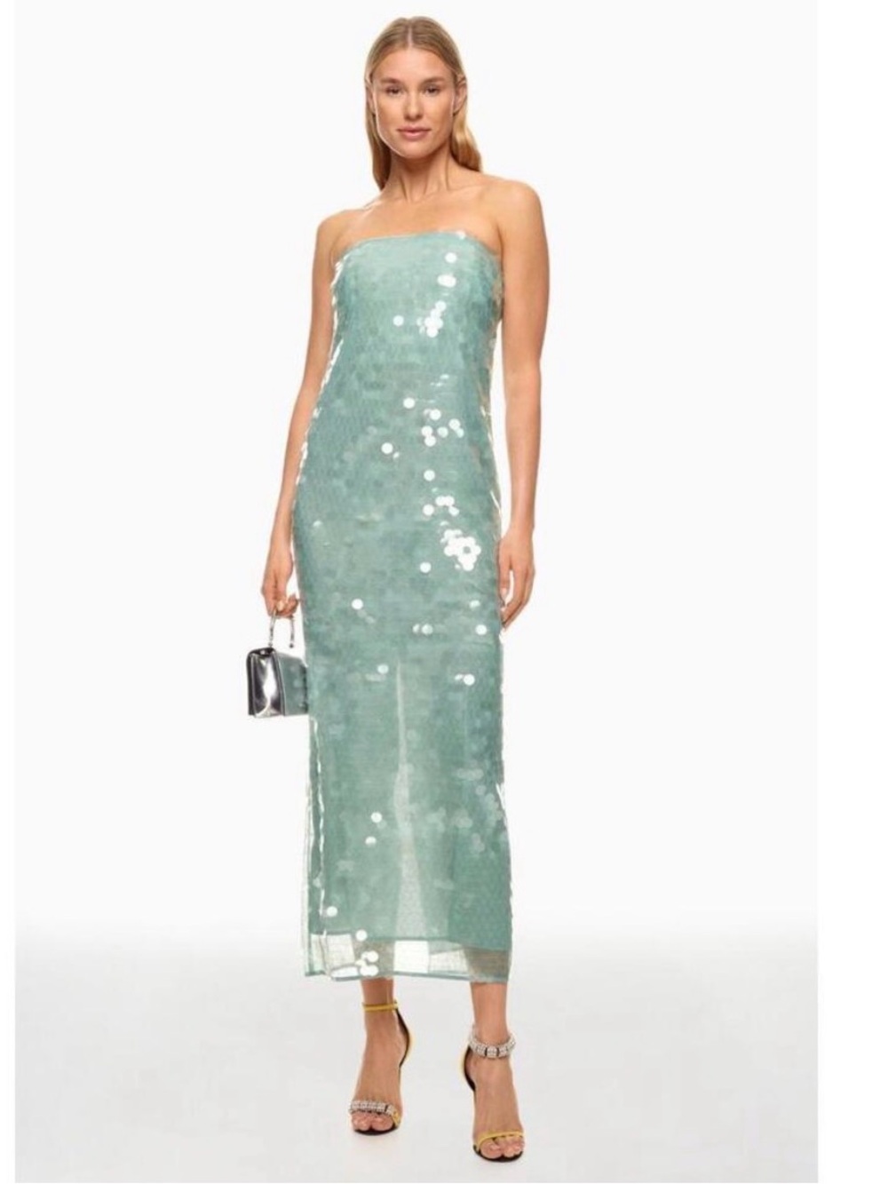 STAUD Strapless Sequin Column Dress in Mint Green